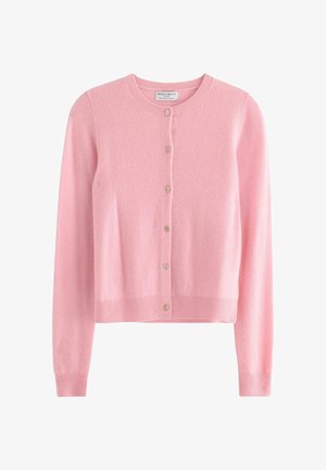 Cardigan rosa realizzato in morbido materiale a maglia, con scollo tondo, chiusura con bottoni e maniche lunghe con polsini a costine.