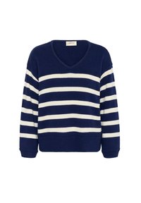 Maglione blu navy a scollo a V con strisce orizzontali bianche, realizzato in tessuto lavorato a maglia. Presenta maniche lunghe e polsini e orlo a coste.