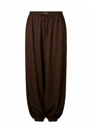 Løse mørkebrune bukser med elastisk talje og manchetter, med snøre i taljen.
