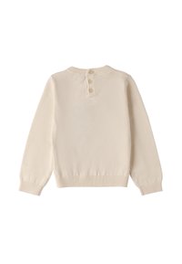 Maglione lavorato a maglia beige con maniche lunghe, polsini e orlo a costine, caratterizzato da un collo rotondo e una chiusura a tre bottoni sul retro.
