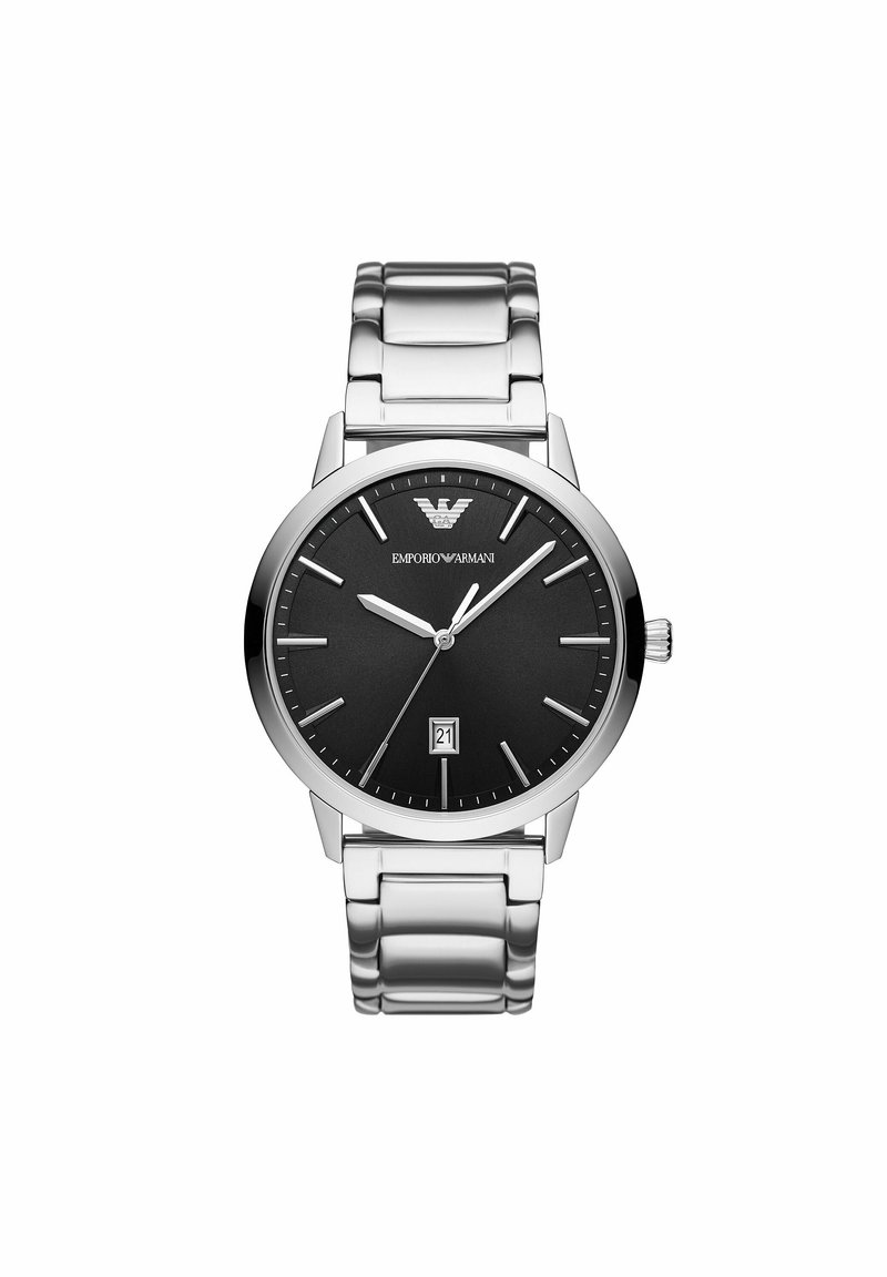 Silberner Edelstahluhren mit einem runden schwarzen Zifferblatt, silbernen Stundenmarkierungen und einem Datumsfenster. Metallarmband-Design mit polierter Oberfläche.