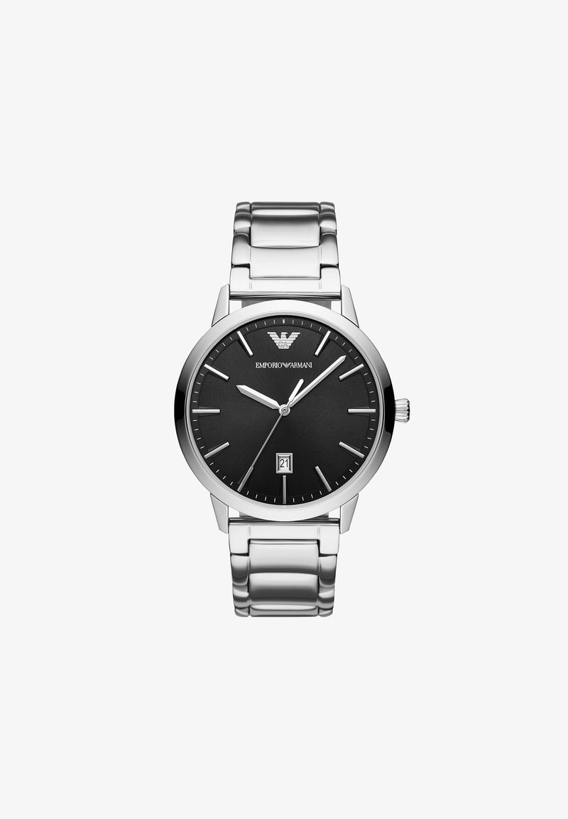 Silberner Edelstahluhren mit einem runden schwarzen Zifferblatt, silbernen Stundenmarkierungen und einem Datumsfenster. Metallarmband-Design mit polierter Oberfläche.