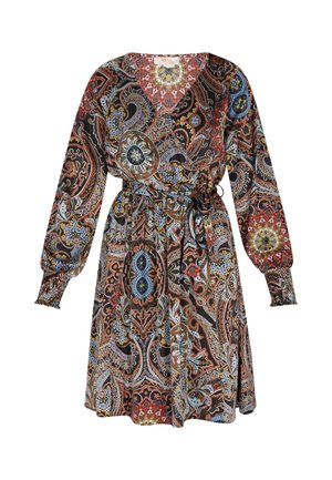 Abito a maniche lunghe con scollo a V, caratterizzato da un motivo paisley multicolore su uno sfondo scuro e una vita regolabile con coulisse.