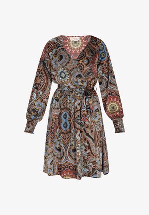 Abito a maniche lunghe con scollo a V, caratterizzato da un motivo paisley multicolore su uno sfondo scuro e una vita regolabile con coulisse.