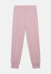 Light pink joggers made from soft fabric, featuring an elastic waistband, cuffed ankles, and subtle stitching details for comfort.