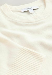 Cremfarbener Strickpullover mit geripptem Ausschnitt und strukturiertem Ärmeldetail. Das Etikett trägt die Aufschrift "NEXT". Weicher, glatter Stoff.