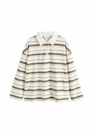 Long-sleeve pullover with green and pink horizontal stripes, white collar, and three buttons below the collar.