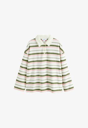 Pull à manches longues avec rayures horizontales vertes et roses, col blanc et trois boutons sous le col.