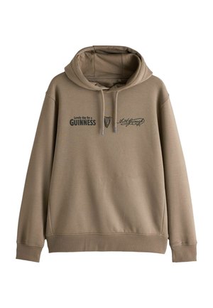 Hellbrauner Hoodie mit Frontschrift „Lovely day for a GUINNESS“, einem Harfenlogo und einer Signatur, mit Kordelzugkapuze und langen Ärmeln.