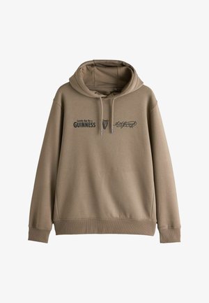 Hellbrauner Hoodie mit Frontschrift „Lovely day for a GUINNESS“, einem Harfenlogo und einer Signatur, mit Kordelzugkapuze und langen Ärmeln.