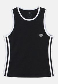 Μαύρο αμάνικο αθλητικό τοπ με λευκή επένδυση γύρω από τον λαιμό και τα χέρια, λευκές κάθετες ρίγες στα πλάγια και μικρό λευκό λογότυπο στο στήθος.