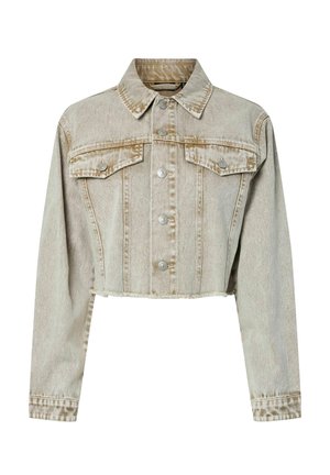 Kārdināta džinsa jaka gaiši beidža krāsā ar apkakles apkakli, priekšējo pogu aizdari, divām krūšu kabatām un strukturētu audumu.