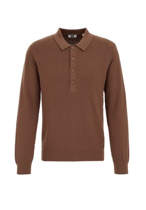 Bruine lange mouw polo met een gestructureerd patroon, vijf knopen aan de sluiting en geribbelde manchetten en zoom. Gemaakt van zachte gebreide stof.