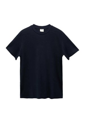 Navyblaues T-Shirt aus weicher Baumwolle mit rundem Halsauschnitt und kurzen Ärmeln, das ein sauberes, einfaches Design ohne Muster oder Akzente aufweist.