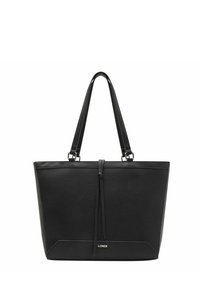 Borsa tote nera in pelle texturizzata, forma rettangolare, doppi manici e design minimalista. Presenta un accento annodato sul davanti.