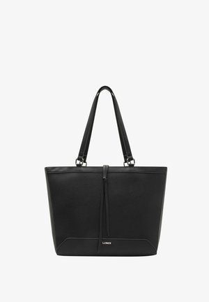 Sac fourre-tout noir en cuir texturé, de forme rectangulaire, avec deux anses et un design minimaliste. Présente un accent noué à l'avant.