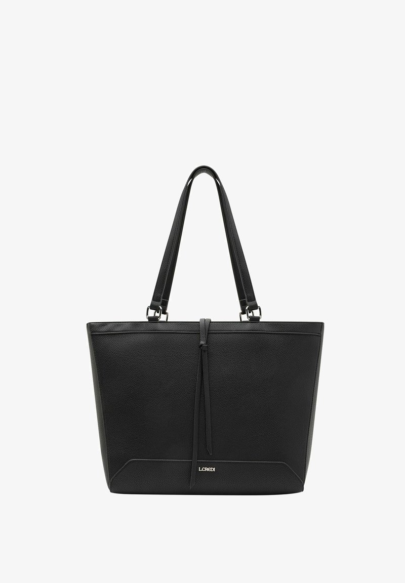 Borsa tote nera in pelle texturizzata, forma rettangolare, doppi manici e design minimalista. Presenta un accento annodato sul davanti.