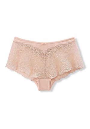 Lichtroze kant boyshorts met geschulpte randen, bloemendessin en een zachte katoenen voering. Voorzien van een klein strikje bij de tailleband.