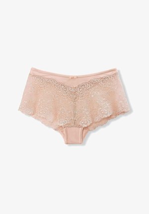 Light pink lace boyshorts with scalloped edges, floral pattern, and a smooth cotton lining. Features a small bow at the waistband.