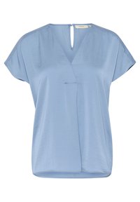 Blusa azzurro chiaro con profondo scollo a V, maniche corte a cappuccio e una finitura leggermente strutturata. Presenta un'apertura a chiave sulla schiena.