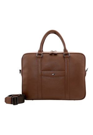 Braune Lederaktentasche mit oberen Tragegriffen, Vordertasche und abnehmbarem Schultergurt. Glatte Textur, rechteckige Form, minimalistisches Design.