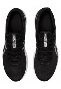 Black athletic shoes with a breathable mesh upper, featuring white accents and laces. The sole is molded for traction and flexibility.