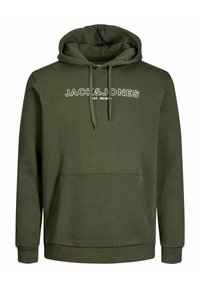Hoodie verde oliva con tasca a marsupio, cappuccio con cordini e logo bianco "JACK & JONES" sul davanti. Tessuto morbido e strutturato.