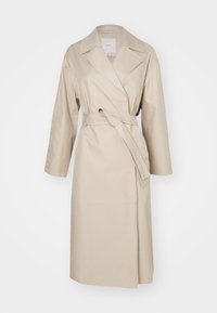 Beige trench coat made of lightweight fabric, featuring a lapel collar, belted waist, and three-quarter sleeves. Simple design with no patterns.