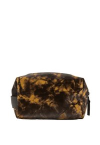 Borsa cosmetica rettangolare tie-dye marrone e oro, realizzata in materiale testurizzato con manico laterale e chiusura a zip.