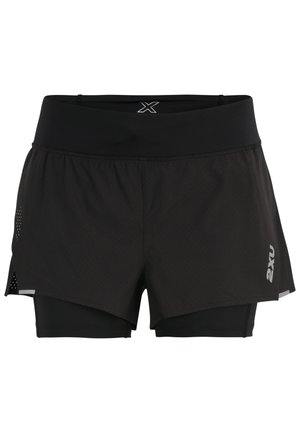 Schwarze Laufshorts mit einer leichten äußeren Schicht, integrierten Innenshorts, durchbrochenen Mustern und reflektierendem Logo-Detail.