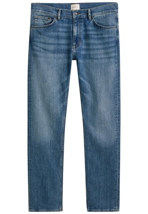 Blaue Jeans aus Denim mit geradem Schnitt, ausgestattet mit fünf Taschen, einem Knopfverschluss und leichtem Verblassen des Stoffes für eine interessante Textur.