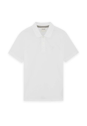 Polo blanc à manches courtes avec col, trois boutons et logo brodé discret sur le côté gauche de la poitrine.