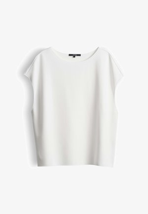 Witte mouwloze blouse met een ronde hals en een losse pasvorm, afgebeeld tegen een witte achtergrond.