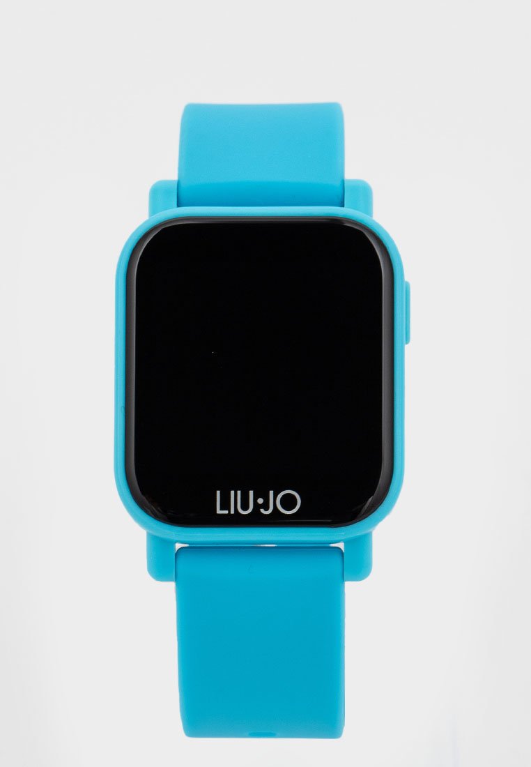 Quadrante dell'orologio nero a forma quadrata con cinturino in silicone blu. Presenta il logo del marchio argentato "LIU·JO" nella parte inferiore. Texture liscia e design minimalista.