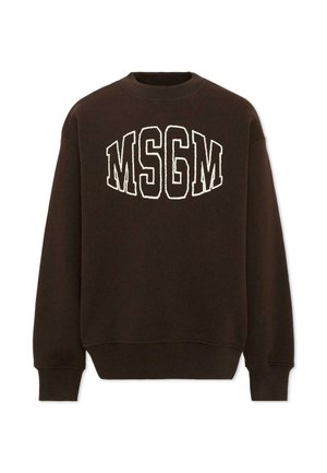 Felpa marrone scuro con scollo a girocollo, maniche lunghe e lettere bianche contornate "MSGM" sul petto con un design curvo.