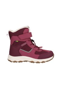 Mellemhøj, vandtæt støvle i nuancer af pink og burgundy, med en velcro-rem, tekstureret mesh og en gummisål med dybe slidbaner.
