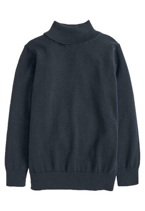 Ciemnoszary sweter z długim rękawem i golfem, z prążkowanym kołnierzem, mankietami i dolnym wykończeniem, ułożony płasko na białym tle.