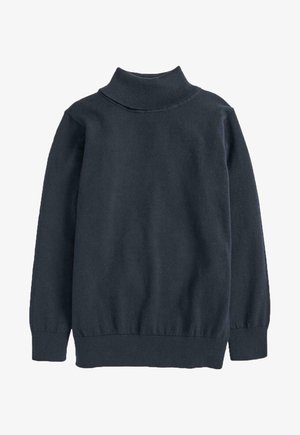 Pull à col roulé gris foncé à manches longues avec col, poignets et ourlet côtelés, posé à plat sur fond blanc.