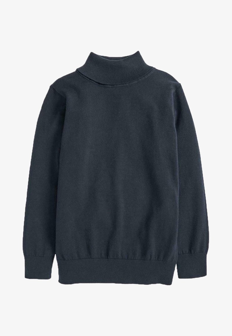 Pull à col roulé gris foncé à manches longues avec col, poignets et ourlet côtelés, posé à plat sur fond blanc.