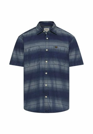 Korte mouwen overhemd met knopen, voorzien van blauwe en grijze horizontale strepen en twee borstzakken, waarvan één met een klein logolabel.