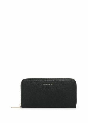 Portafoglio in pelle nera con finitura testurizzata, chiusura a zip e logo in tono oro. Design compatto con forma elegante e accenti hardware minimali.