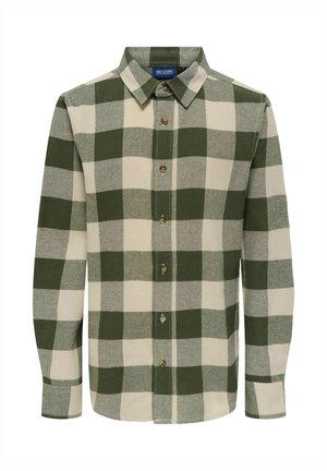 Green and beige checked long-sleeve shirt with a button-down collar, front button closure, and chest pocket. Soft fabric texture.