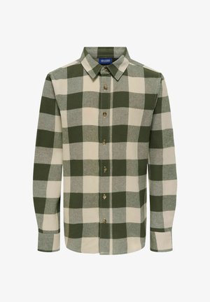 Green and beige checked long-sleeve shirt with a button-down collar, front button closure, and chest pocket. Soft fabric texture.