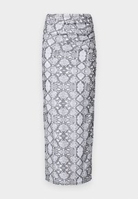 Python-print midi-hame mustavalkoisena, jossa on tiukka siluetti ja kootut tekstuurit sivuilla. Sulava kangaspinta.