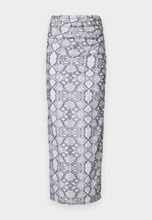 Python print midi skirt in black and white, featuring a fitted silhouette and gathered texture along the sides. Smooth fabric finish.