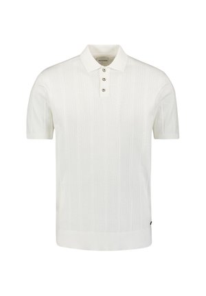 Korte mouwen, witte polo met een textuur gebreid ontwerp, drie knoopsluiting, en geribbelde kraag en zoom.