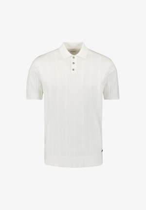 Korte mouwen, witte polo met een textuur gebreid ontwerp, drie knoopsluiting, en geribbelde kraag en zoom.