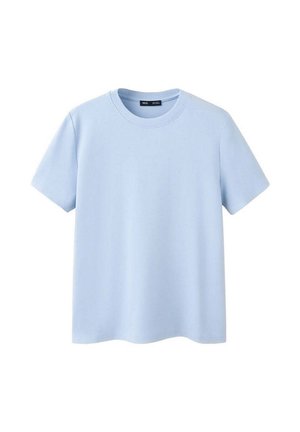 T-shirt bleu clair à manches courtes et col rond en tissu doux avec un ourlet droit, présenté sur un fond blanc.