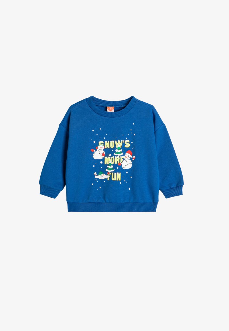 Blauer Kapuzenpulli mit langen Ärmeln und gerippten Bündchen. Mit einem Grafikmotiv von Schneemännern und dem Text „SNOW’S MORE FUN“ in leuchtenden Farben.