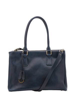 Donkerblauwe leren handtas met twee handvatten, een afneembare schouderriem, goudkleurige hardware, ritssluiting en een gestructureerde afwerking.